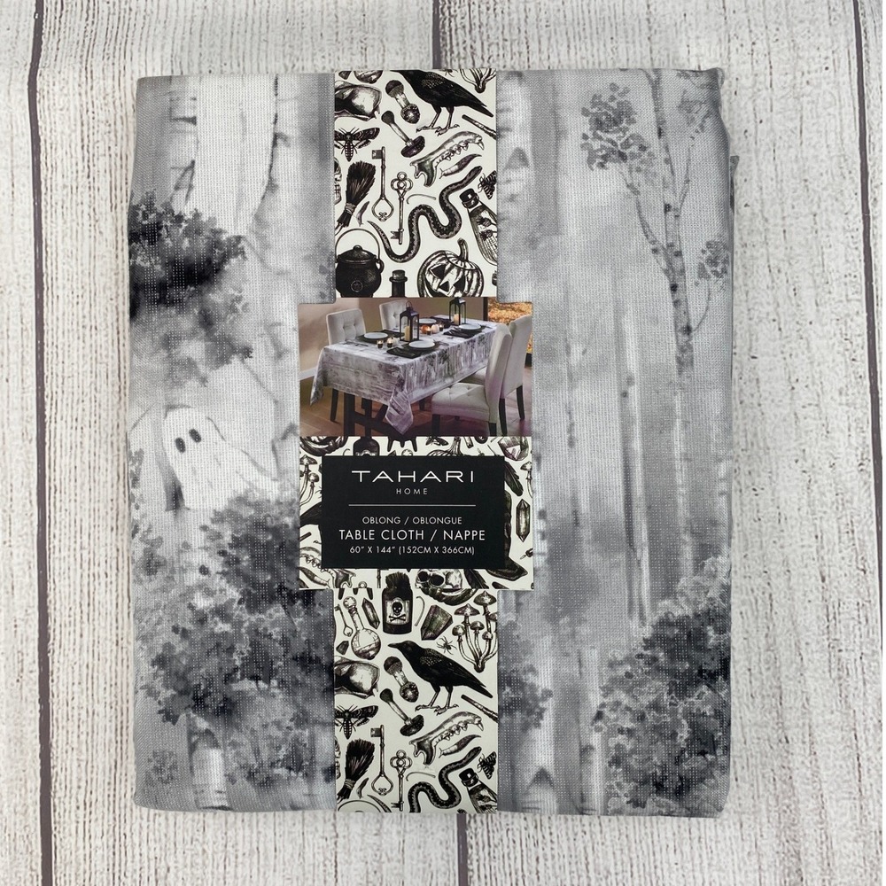 Tahari Home Tablecloth 60x144 Gray Ghost Birch Forest Metallic Oblong Halloween